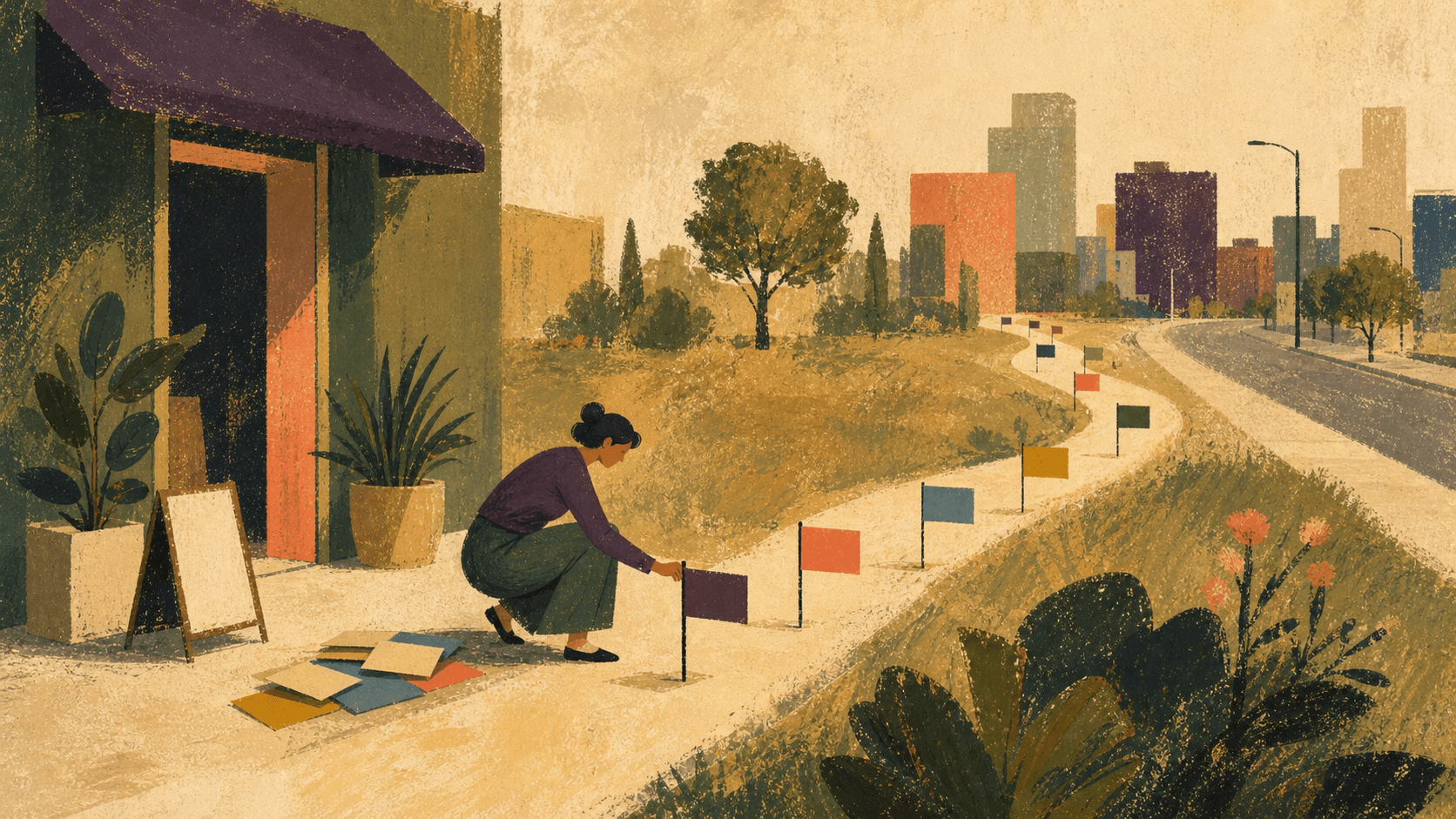 Firmatics-style illustration of a marketer placing blank flags along a growth path.