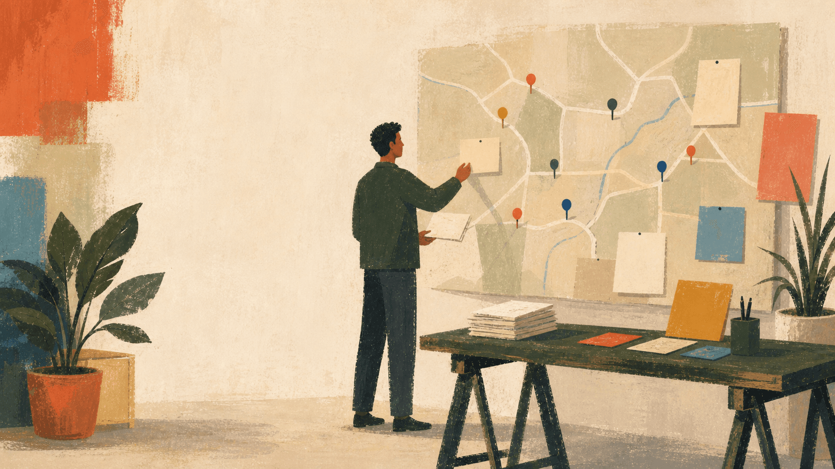 Firmatics-style illustration of an operator organizing blank cards on a local map.