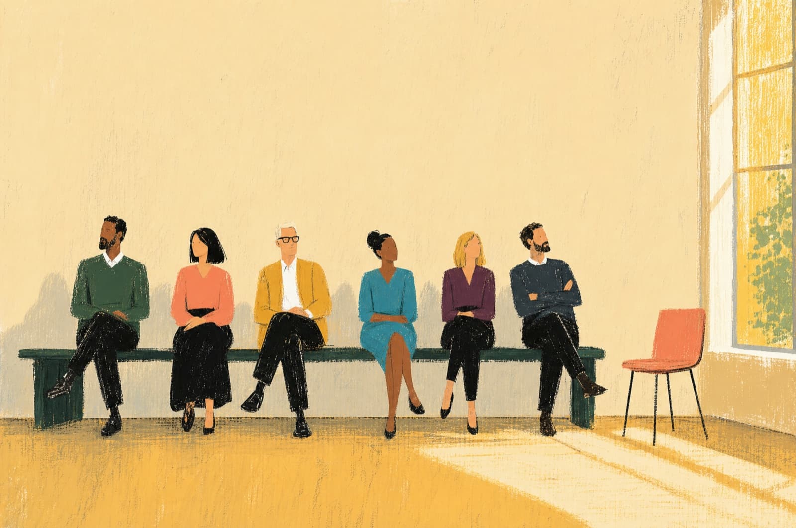 Six operators seated on one long bench
