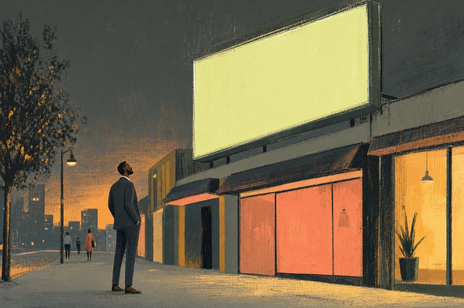 A billboard over a highway at dusk