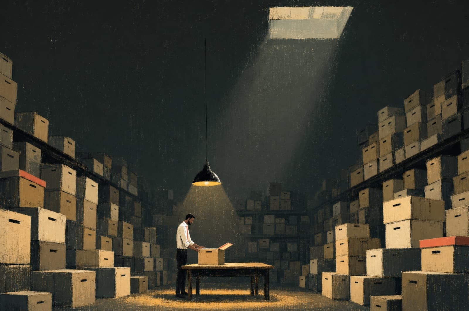 An attorney in a warehouse of evidence boxes under one lamp