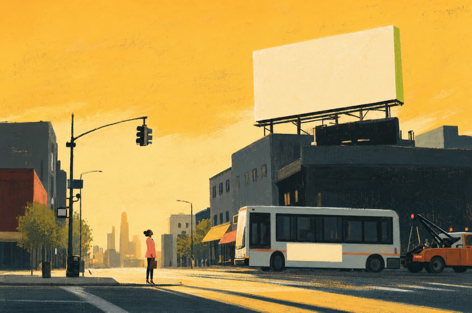 An attorney on a street corner looking up at a blank billboard