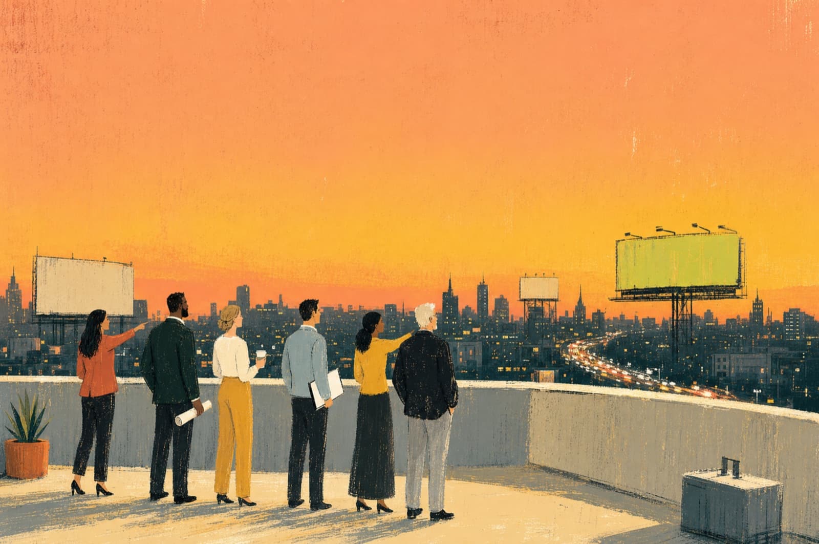 Six operators on a rooftop looking out over the city