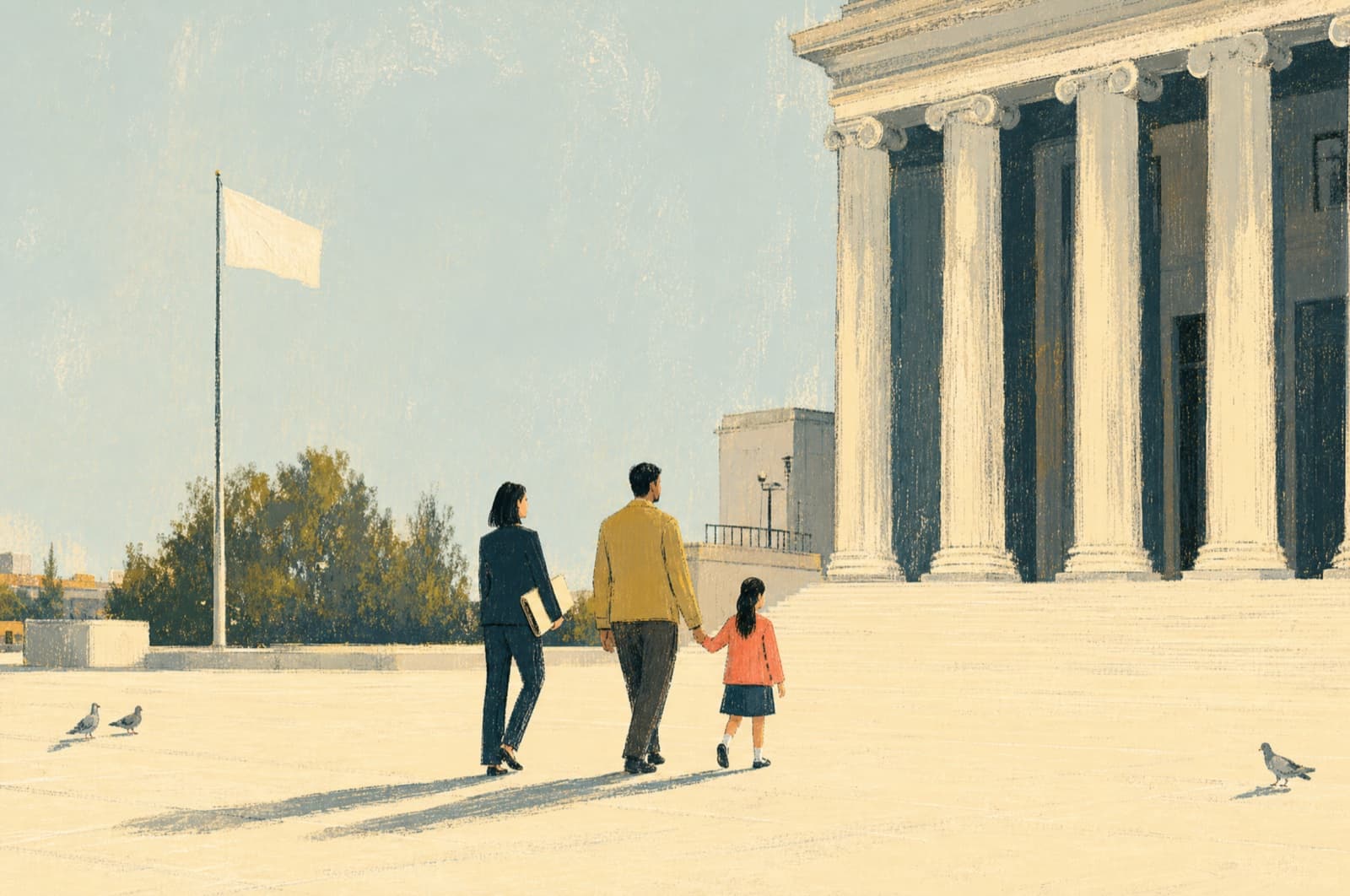 An attorney walking with a family across a plaza toward a federal building